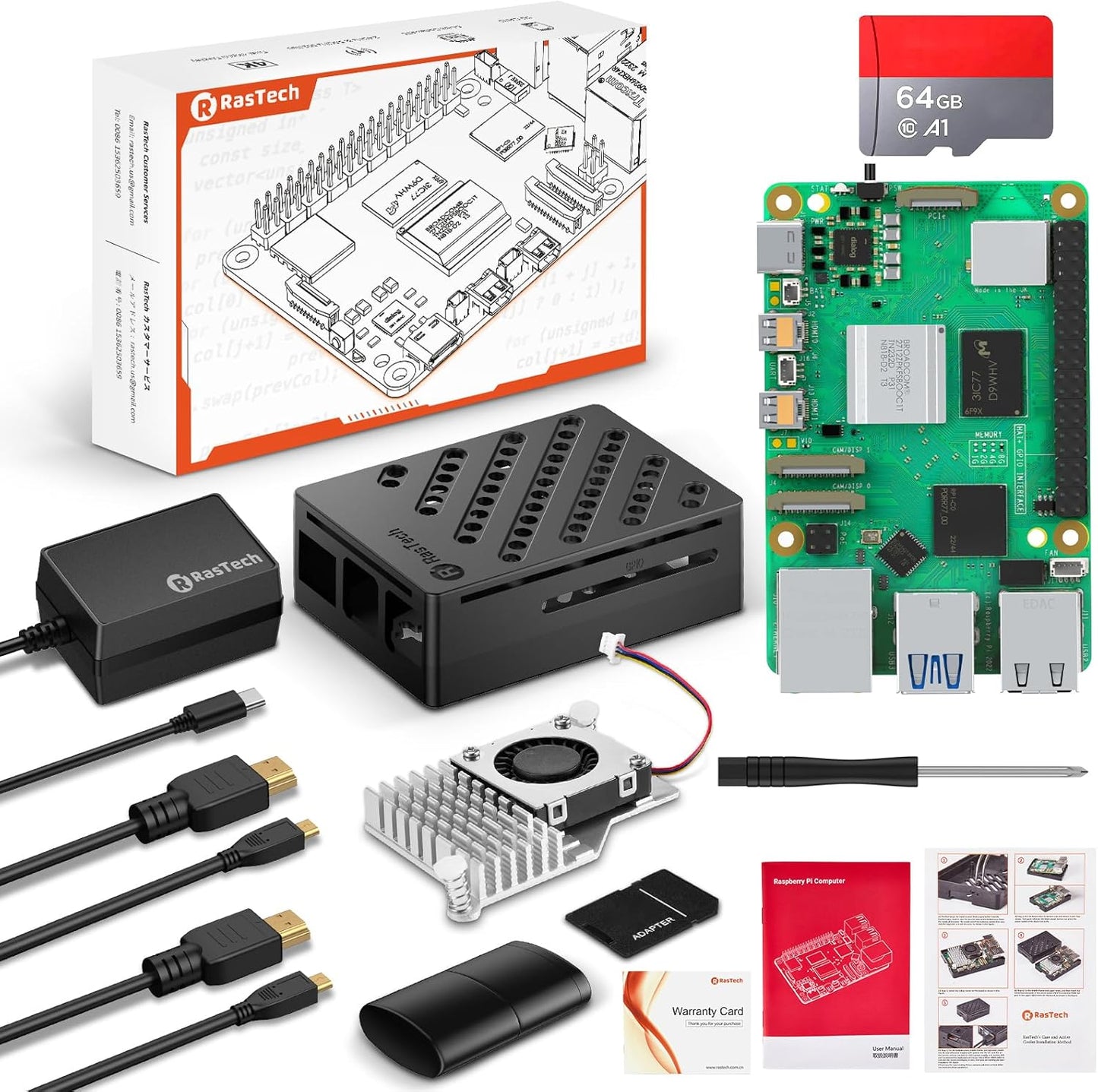 RasTech Raspberry Pi 5 8GB Kit 64GB Edition con Active Cooler, alimentazione USB-C da 27W