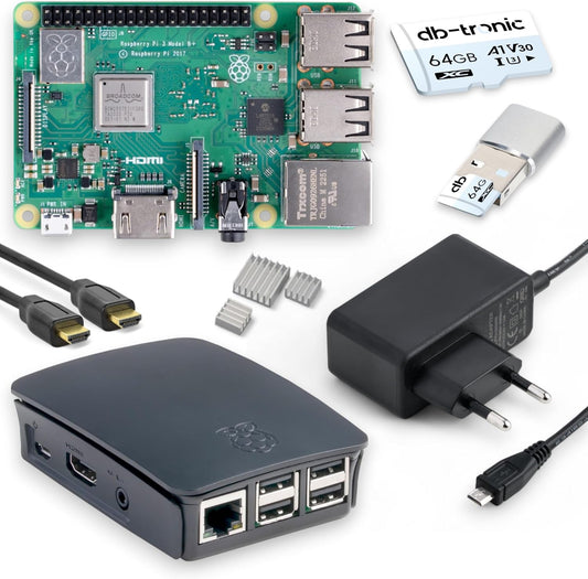 Raspberry Pi 3 B+ Starter Set | Alimentatore | Alloggiamento | Scheda SD da 64 GB | Cavo HDMI 4K | Raspberry Pi 3 B+ 1 GB RAM